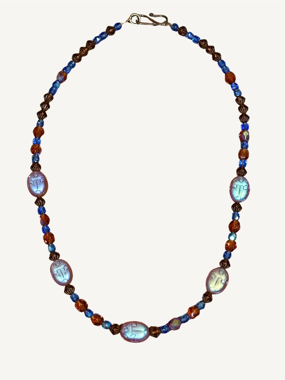 Egyptian Revival Czech Glass Scarab Beaded Necklace Iridescent Antique